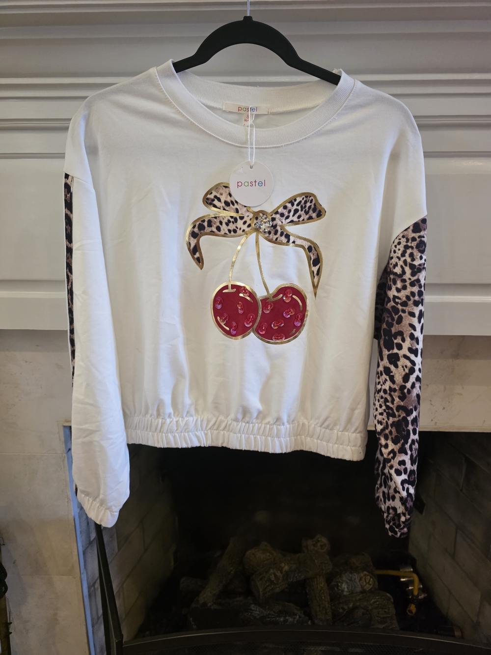 Pastels White Cropped Top with Red Cherry and Leopard Sleeves
